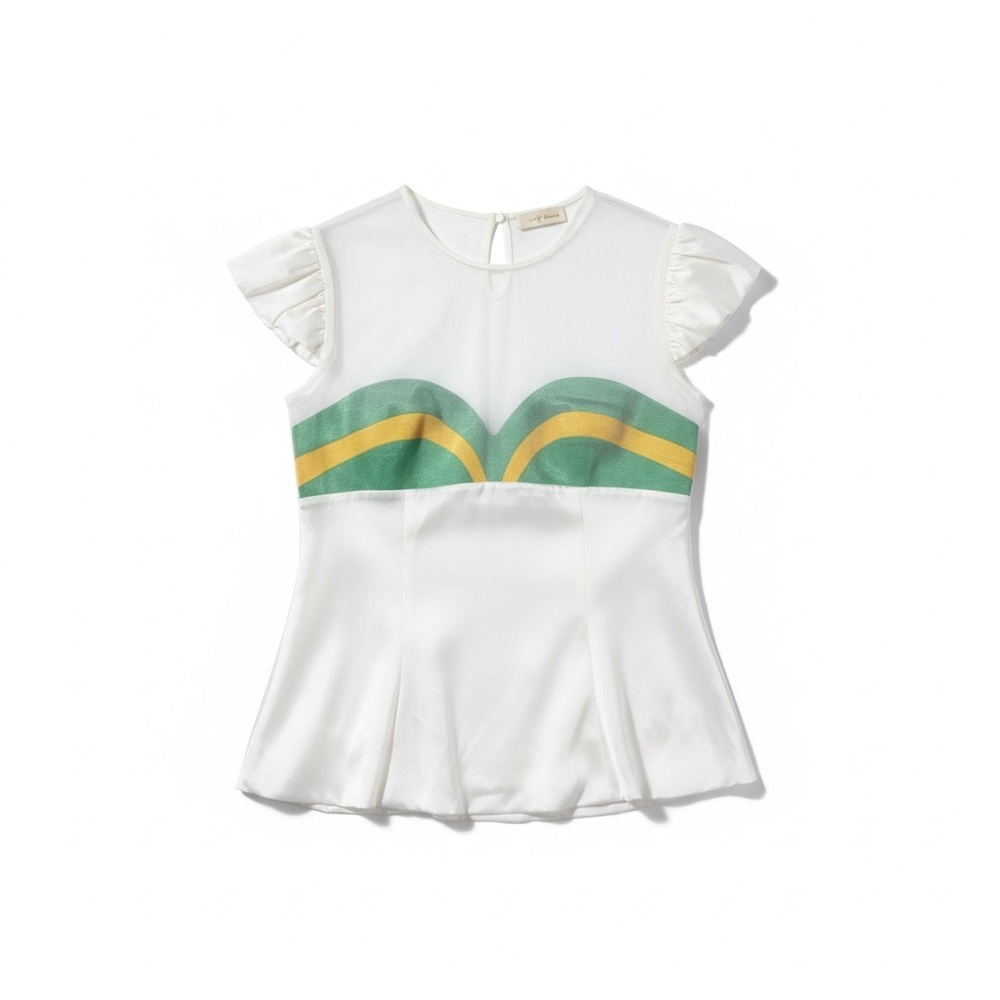 Sheer White top with Green and yellow Accents size 6